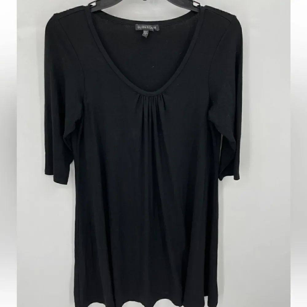Eileen Fisher Dress Small Black Scoop Neck Long Sleeve Flared T-Shirt Sheath